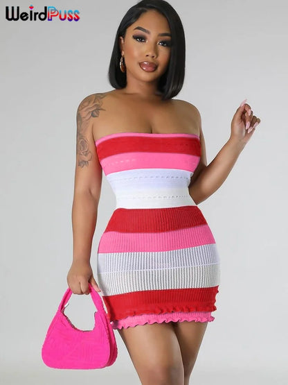 TAMBREET Weird Puss Knit Women Tube Dress Elegant Summer Patchwork Striped Ruffles Hem Skinny Stretch Bodycon Street Vacation Clubwear