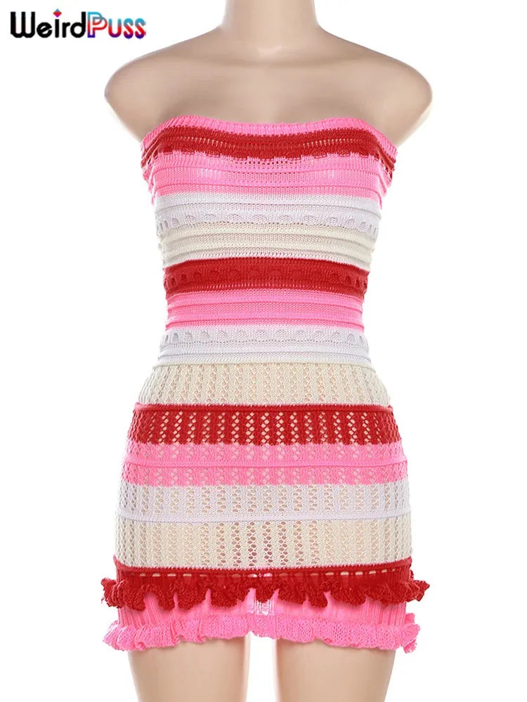 TAMBREET Weird Puss Knit Women Tube Dress Elegant Summer Patchwork Striped Ruffles Hem Skinny Stretch Bodycon Street Vacation Clubwear