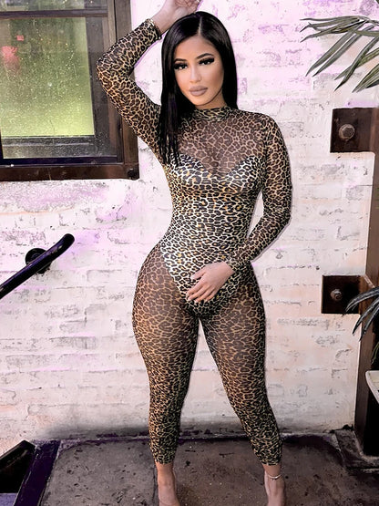 TAMBREET Weird Puss Leopard See Through Jumpsuit Women Patchwork Velvet Bandage Backless Hottie Skinny Sexy Wild Trend Clubwear Overalls