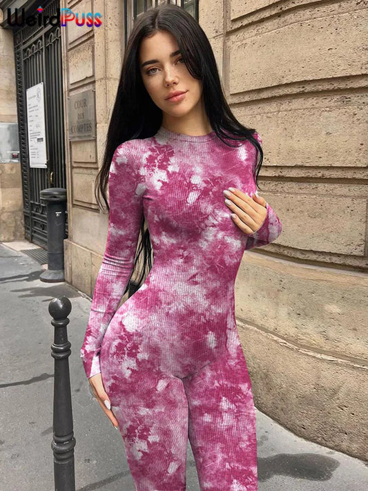 TAMBREET Weird Puss Ribbed Tie-dye Jumpsuit Women Autumn Irregular Print Sporty O-neck Full Sleeve Daily Skinny Casual Trend Streetwear