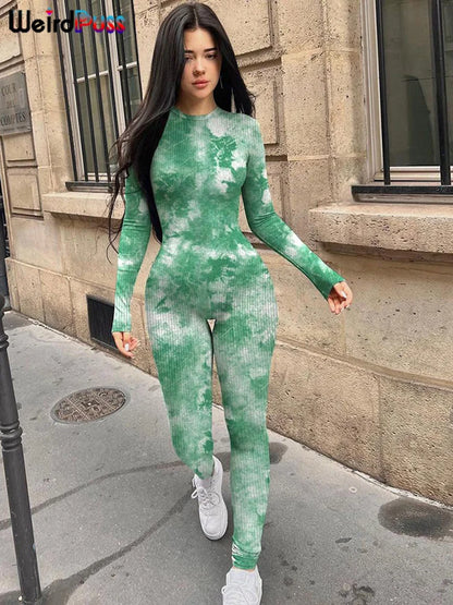 TAMBREET Weird Puss Ribbed Tie-dye Jumpsuit Women Autumn Irregular Print Sporty O-neck Full Sleeve Daily Skinny Casual Trend Streetwear