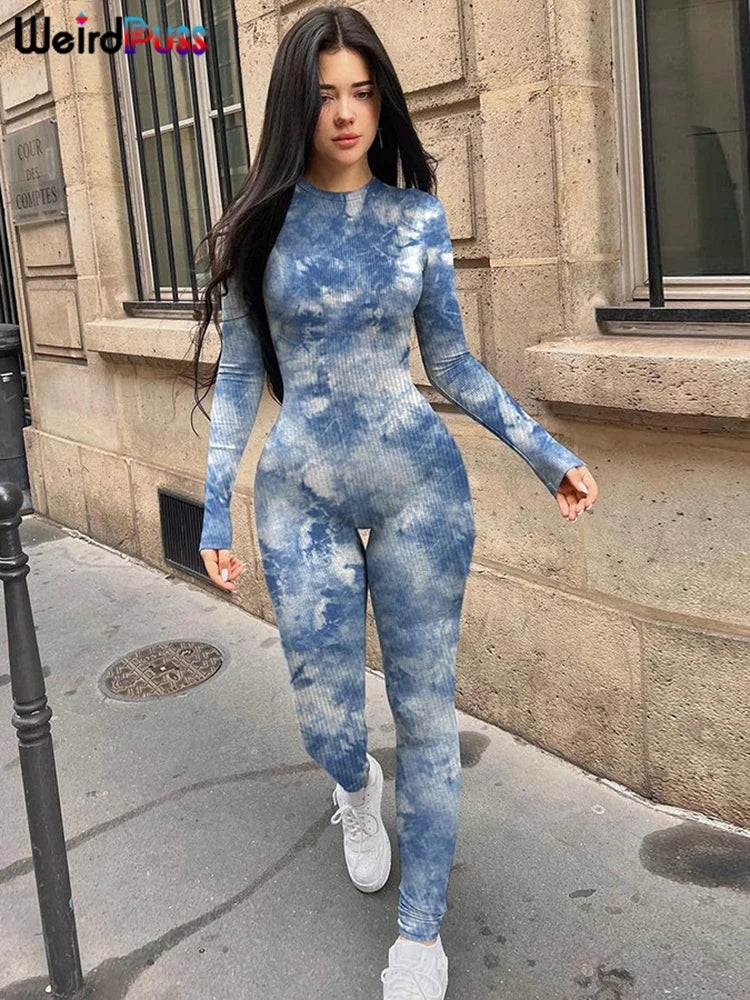 TAMBREET Weird Puss Ribbed Tie-dye Jumpsuit Women Autumn Irregular Print Sporty O-neck Full Sleeve Daily Skinny Casual Trend Streetwear