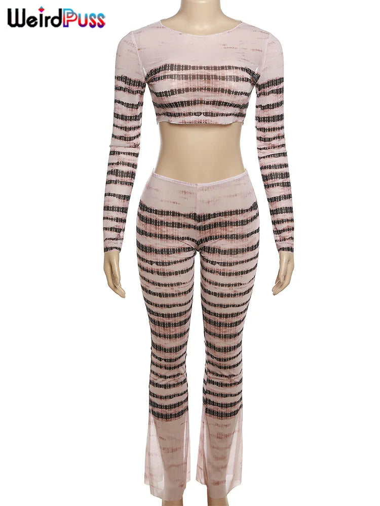 TAMBREET Weird Puss Sexy See Through 2Piece Set Women Striped Skinny Stretch o-Neck Long Sleeve Crop Tops+Pants Matching Clubwear Outfits