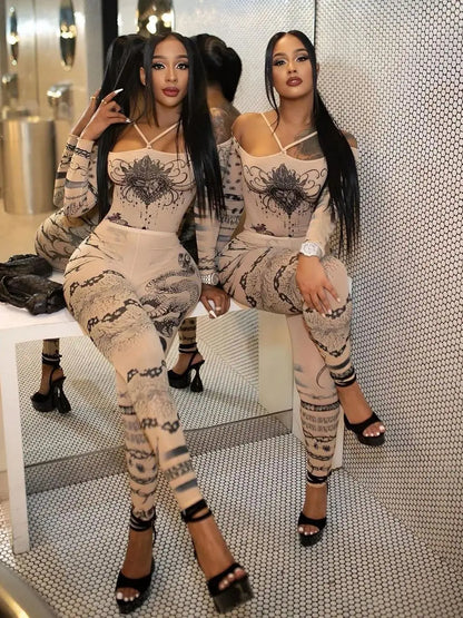 TAMBREET eird Puss Sexy See Through Women 2 Piece Set Fashion Heart Print Slash Neck Bodysuit+Leggings Matching Midnight Clubwear Suit