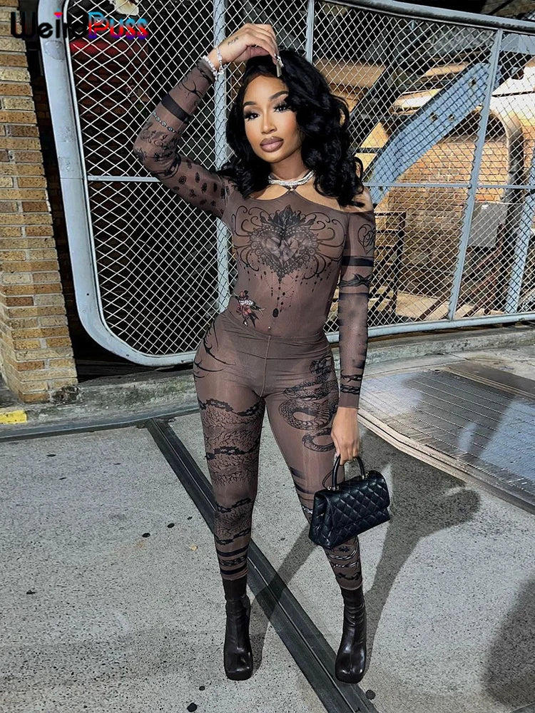 TAMBREET eird Puss Sexy See Through Women 2 Piece Set Fashion Heart Print Slash Neck Bodysuit+Leggings Matching Midnight Clubwear Suit