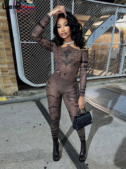 TAMBREET eird Puss Sexy See Through Women 2 Piece Set Fashion Heart Print Slash Neck Bodysuit+Leggings Matching Midnight Clubwear Suit