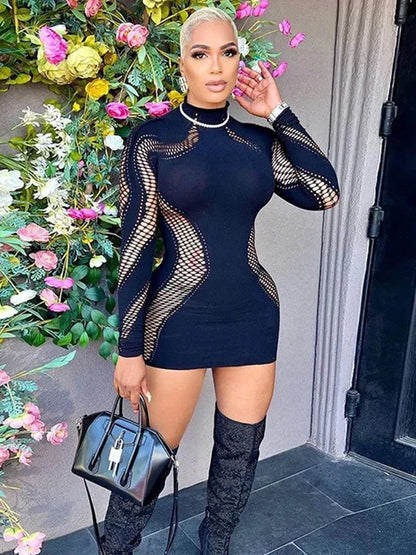 TAMBREET Weird Puss Thick Women Hollow Dress Sexy Spring Stretch Skinny Solid Hot Girls Nightclub Fashion Party Sexy Slim Fit Bodycon