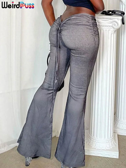 TAMBREET Weird Puss Y2K Low Waist Flare Pants Women Drawstring Ruched Long Trousers Elastic Casual Streetwear Fashion Bandage Bottoms