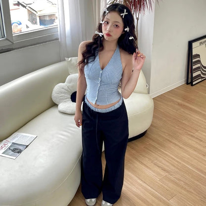 TAMBREET WhereMery Fashion Trend Two Piece Set Retro Lattice Slim Halter Camis Tank Tops Casual Loose Pants High Street  Commute Y2K Set