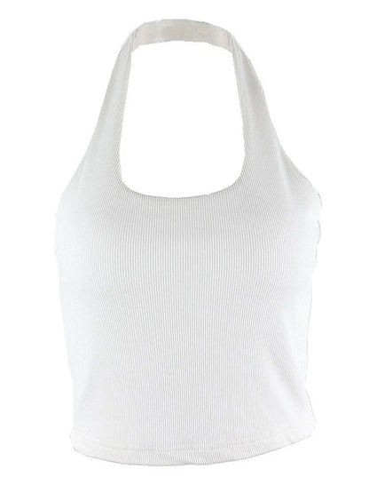 TAMBREET White Halter Sexy Backless Tank Tops for Women Streetwear 2024 Sleeveless Ribbed Knit Vest Top Cropped Feminino