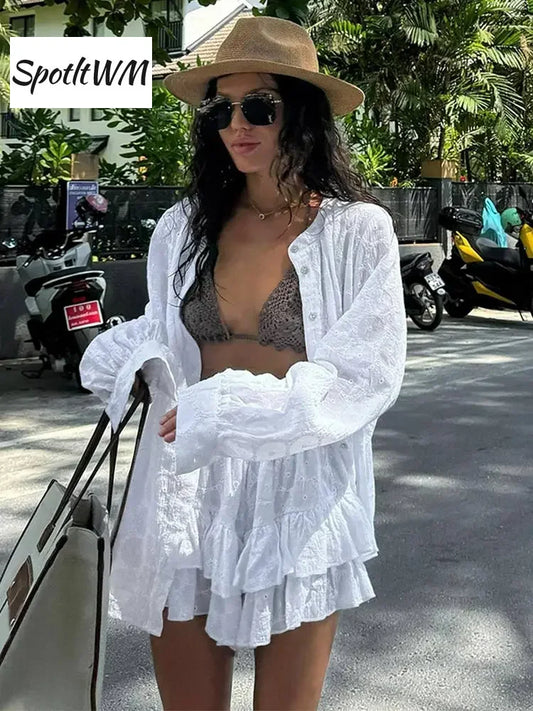 TAMBREET White Long Sleeved Shirt Jacket Shorts Sets Summer Female Stand Collar Single Breasted Suits Casual Vacation Casual Beachwear