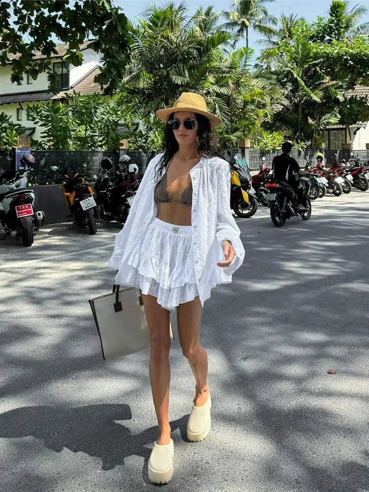 TAMBREET White Long Sleeved Shirt Jacket Shorts Sets Summer Female Stand Collar Single Breasted Suits Casual Vacation Casual Beachwear