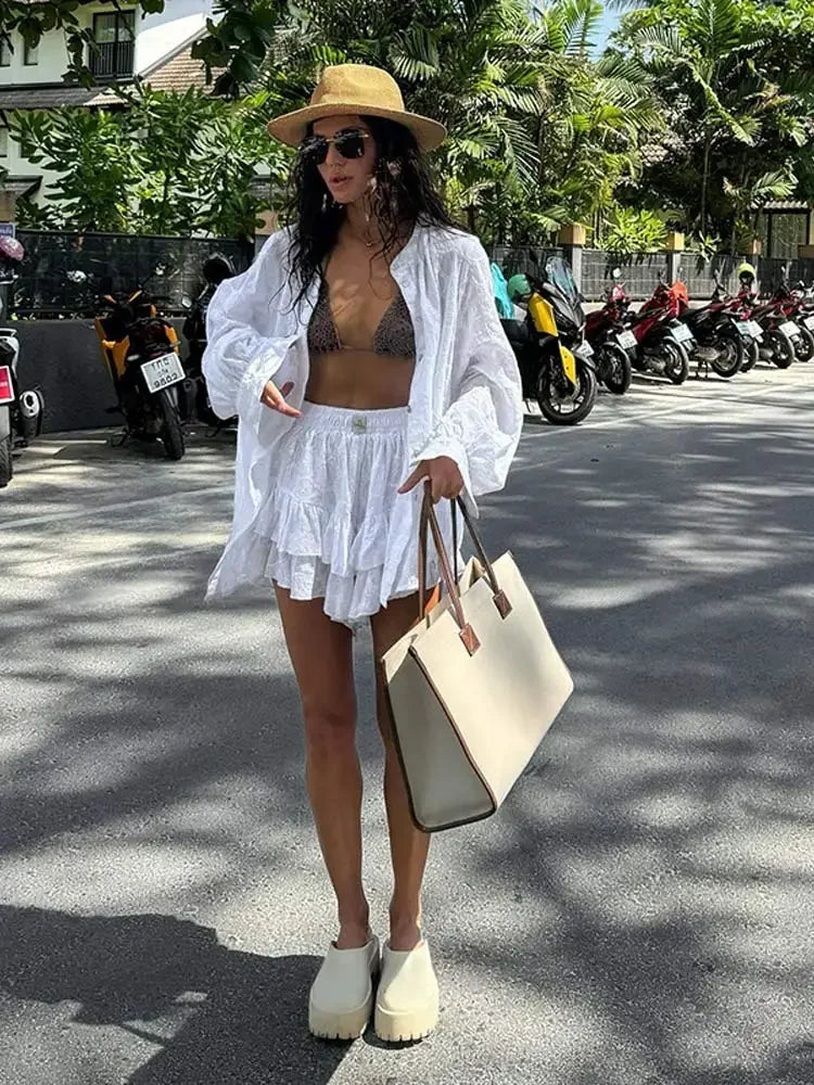 TAMBREET White Long Sleeved Shirt Jacket Shorts Sets Summer Female Stand Collar Single Breasted Suits Casual Vacation Casual Beachwear