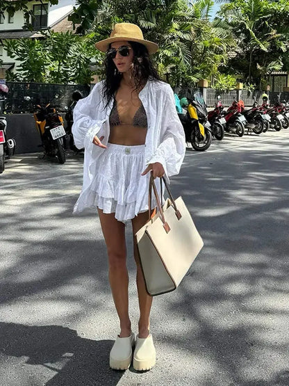 TAMBREET White Long Sleeved Shirt Jacket Shorts Sets Summer Female Stand Collar Single Breasted Suits Casual Vacation Casual Beachwear