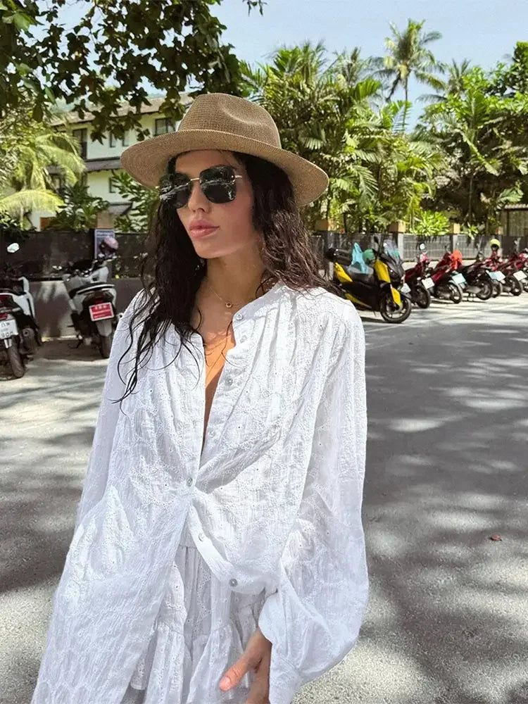 TAMBREET White Long Sleeved Shirt Jacket Shorts Sets Summer Female Stand Collar Single Breasted Suits Casual Vacation Casual Beachwear