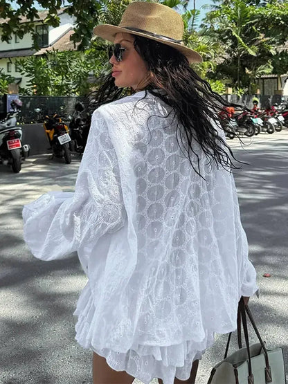 TAMBREET White Long Sleeved Shirt Jacket Shorts Sets Summer Female Stand Collar Single Breasted Suits Casual Vacation Casual Beachwear