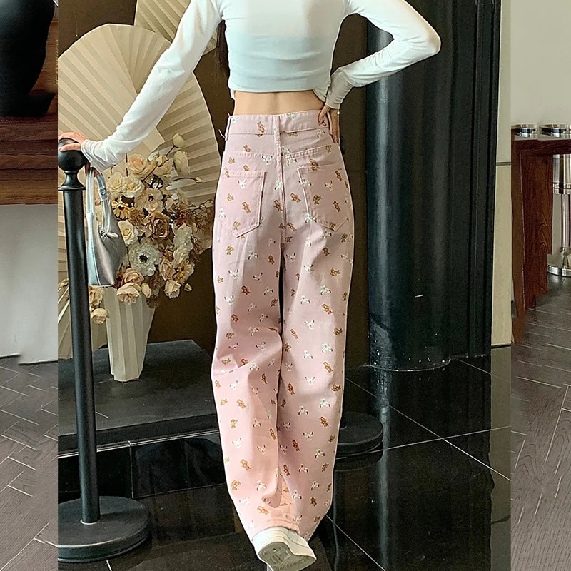 TAMBREET White pants baggy jeans women  denim  women clothing  slouchy jeans   full length  high waisted jeans  Summer Printed pants