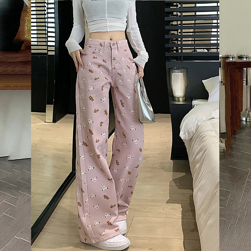 TAMBREET White pants baggy jeans women  denim  women clothing  slouchy jeans   full length  high waisted jeans  Summer Printed pants