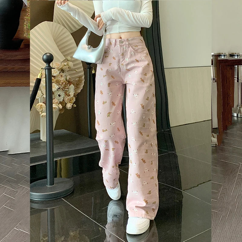 TAMBREET White pants baggy jeans women  denim  women clothing  slouchy jeans   full length  high waisted jeans  Summer Printed pants