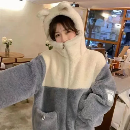 TAMBREET Winter Hooded Sweater Japanese Cute Bear Ears Contrast Color Wool Lamb Coat Students Loose Joker Thickened Cotton-padded Jacket