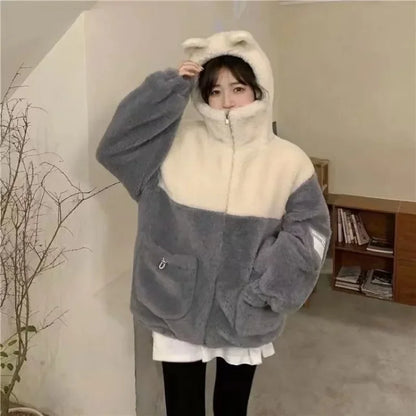 TAMBREET Winter Hooded Sweater Japanese Cute Bear Ears Contrast Color Wool Lamb Coat Students Loose Joker Thickened Cotton-padded Jacket