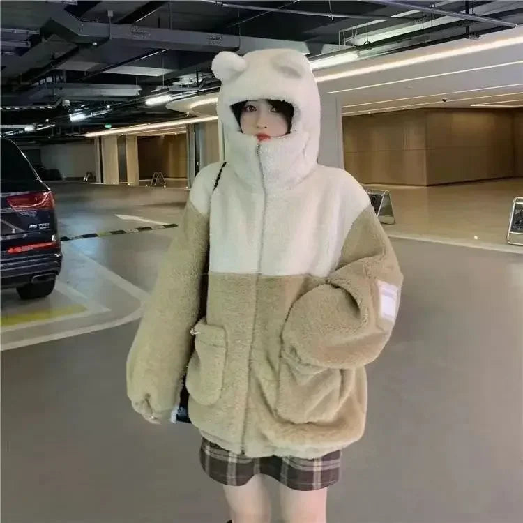 TAMBREET Winter Hooded Sweater Japanese Cute Bear Ears Contrast Color Wool Lamb Coat Students Loose Joker Thickened Cotton-padded Jacket