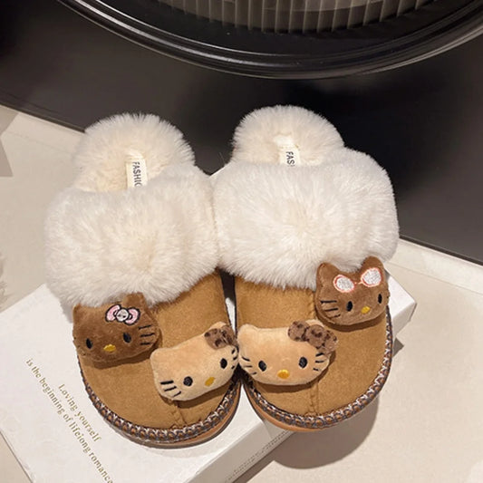 TAMBREET Winter Sanrio Hello Kitty Plush Slippers Cute Cartoon Fuzzy Warm Comfy Women Home Shoe Kawaii Y2K Outdoor Antiskid Flat Slippers