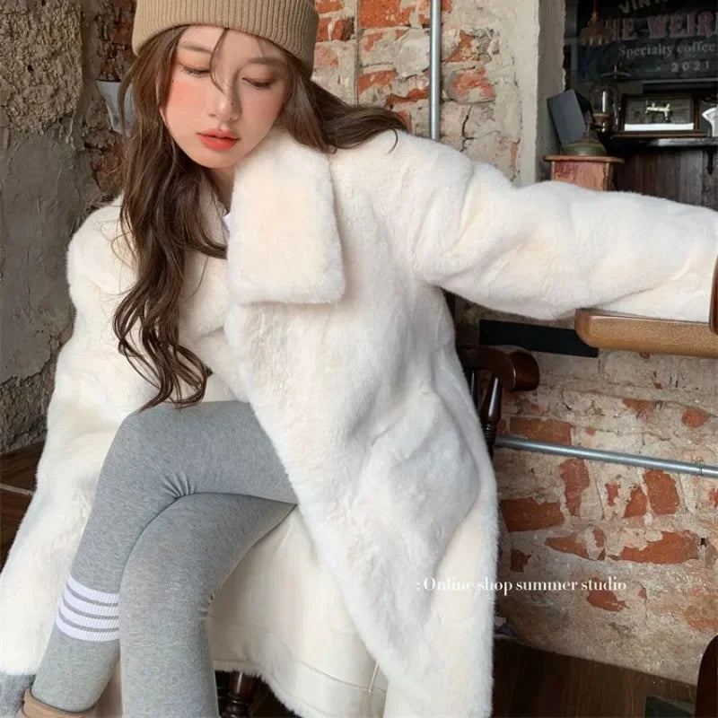 TAMBREET Winter Warm Faux Mink Fur Long Coats Women Korean Thicken Cotton Padded Lined Jackets Single Breasted Loose Outerwear Chaquetas