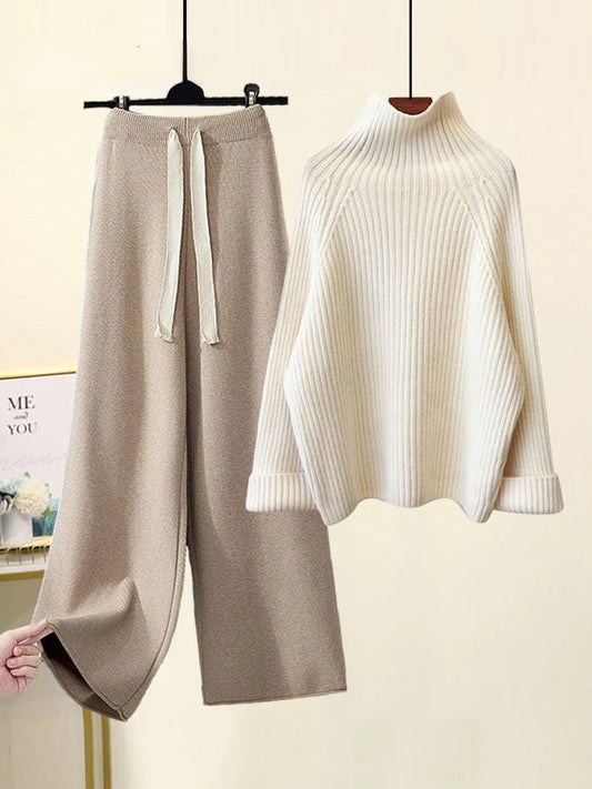 TAMBREET Winter Warm Knitted Suit Women Long Sleeve Half Turtleneck Knitting Sweater And Wide Leg Pants Sets Outer Wear Loose Set N437