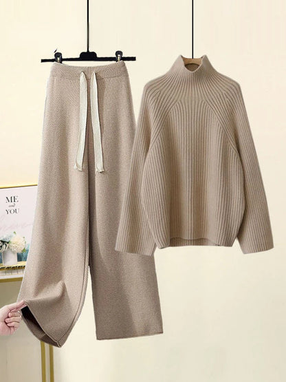 TAMBREET Winter Warm Knitted Suit Women Long Sleeve Half Turtleneck Knitting Sweater And Wide Leg Pants Sets Outer Wear Loose Set N437