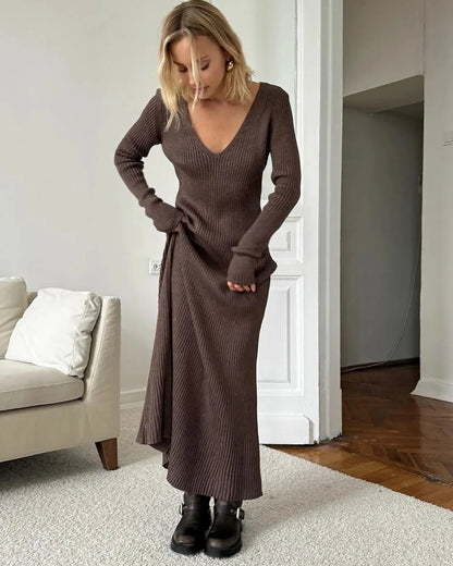 TAMBREET Winter Warm Women's Knitted Dress Elegant V Neck Thick A-line Dress Brown Long Sleeve Vintage Midi Casual Dresses for Women