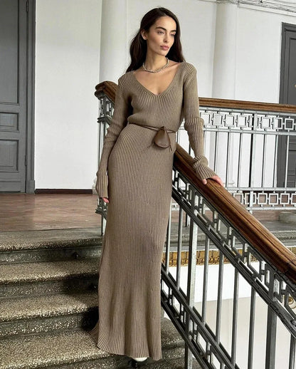 TAMBREET Winter Warm Women's Knitted Dress Elegant V Neck Thick A-line Dress Brown Long Sleeve Vintage Midi Casual Dresses for Women