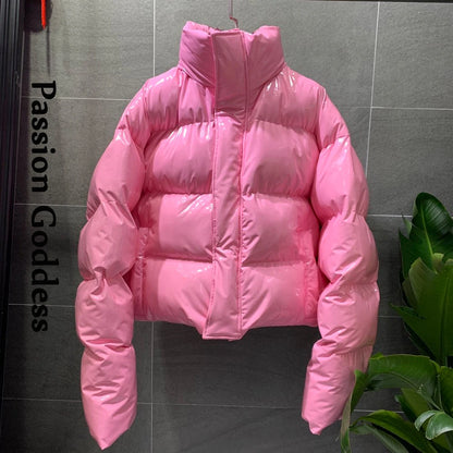 TAMBREET Winter Women Bright PU Pink Puffer Jacket Thick Bubble Coat Zipper Glossy Leather Down Parka Outerwear Stand Collar Loose Jacket