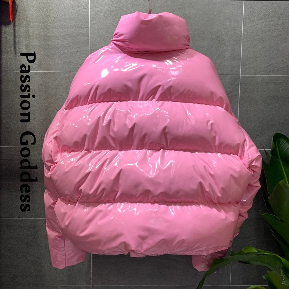 TAMBREET Winter Women Bright PU Pink Puffer Jacket Thick Bubble Coat Zipper Glossy Leather Down Parka Outerwear Stand Collar Loose Jacket