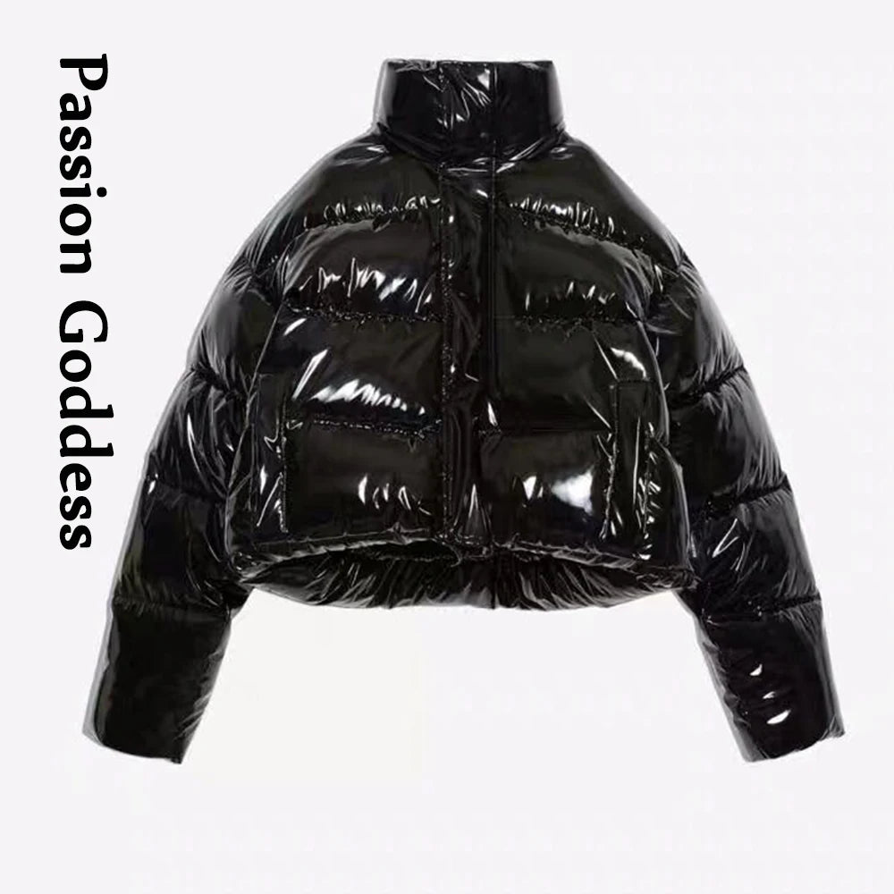 TAMBREET Winter Women Bright PU Pink Puffer Jacket Thick Bubble Coat Zipper Glossy Leather Down Parka Outerwear Stand Collar Loose Jacket