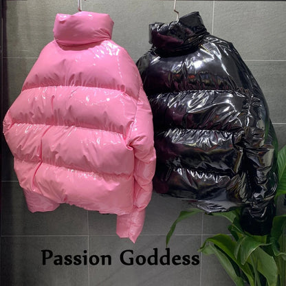 TAMBREET Winter Women Bright PU Pink Puffer Jacket Thick Bubble Coat Zipper Glossy Leather Down Parka Outerwear Stand Collar Loose Jacket