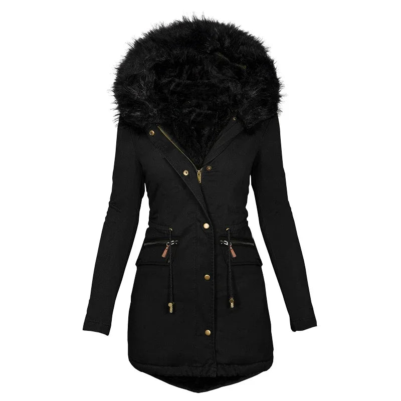 TAMBREET Winters Women's Fur Collar Mid-length Parka Coat Solid Color Fluffy Hat Zipper Waist Drawstring Warm Coats  Jacket