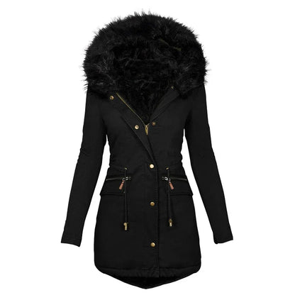 TAMBREET Winters Women's Fur Collar Mid-length Parka Coat Solid Color Fluffy Hat Zipper Waist Drawstring Warm Coats  Jacket