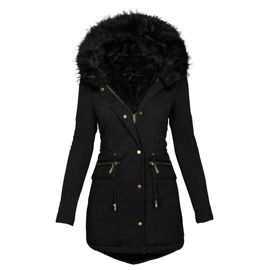 TAMBREET Winters Women's Fur Collar Mid-length Parka Coat Solid Color Fluffy Hat Zipper Waist Drawstring Warm Coats  Jacket