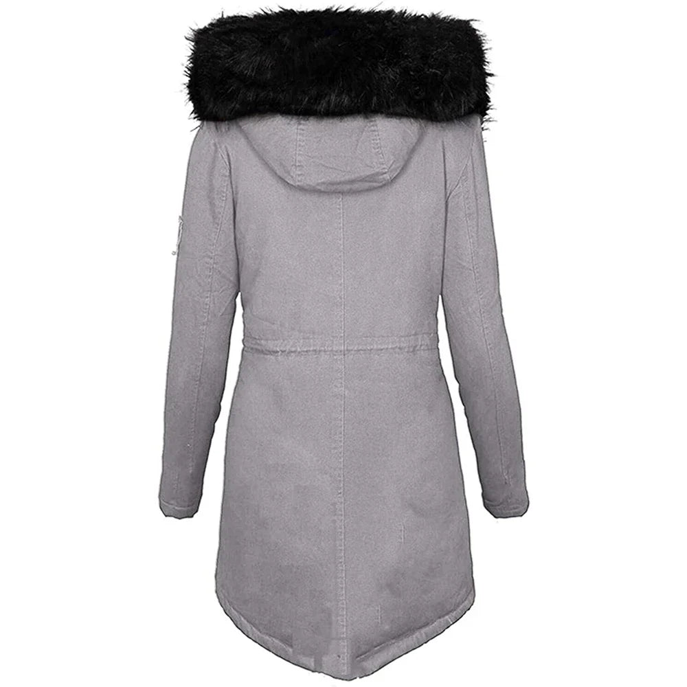 TAMBREET Winters Women's Fur Collar Mid-length Parka Coat Solid Color Fluffy Hat Zipper Waist Drawstring Warm Coats  Jacket