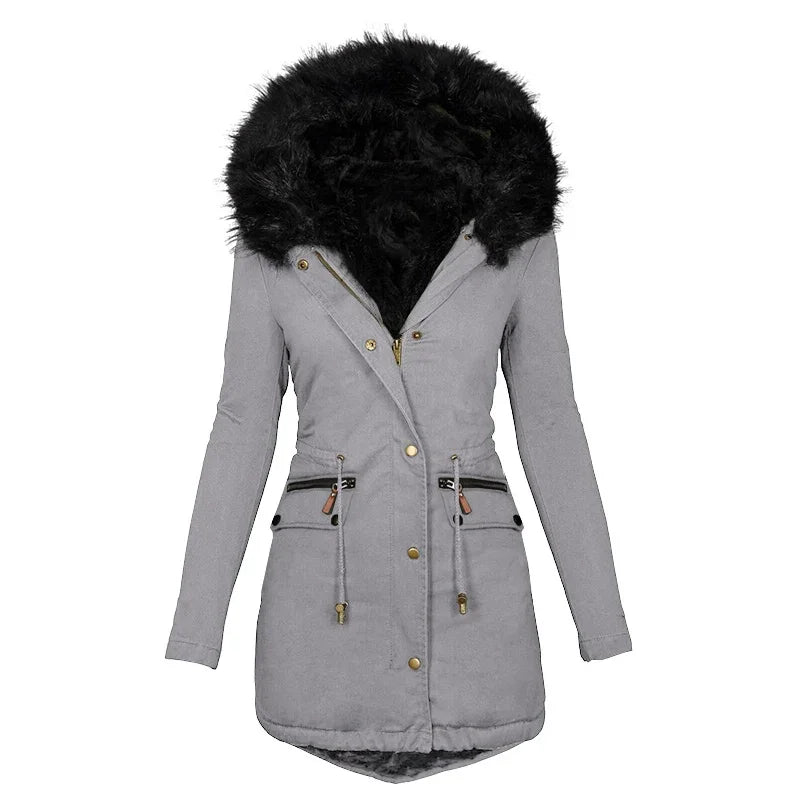 TAMBREET Winters Women's Fur Collar Mid-length Parka Coat Solid Color Fluffy Hat Zipper Waist Drawstring Warm Coats  Jacket