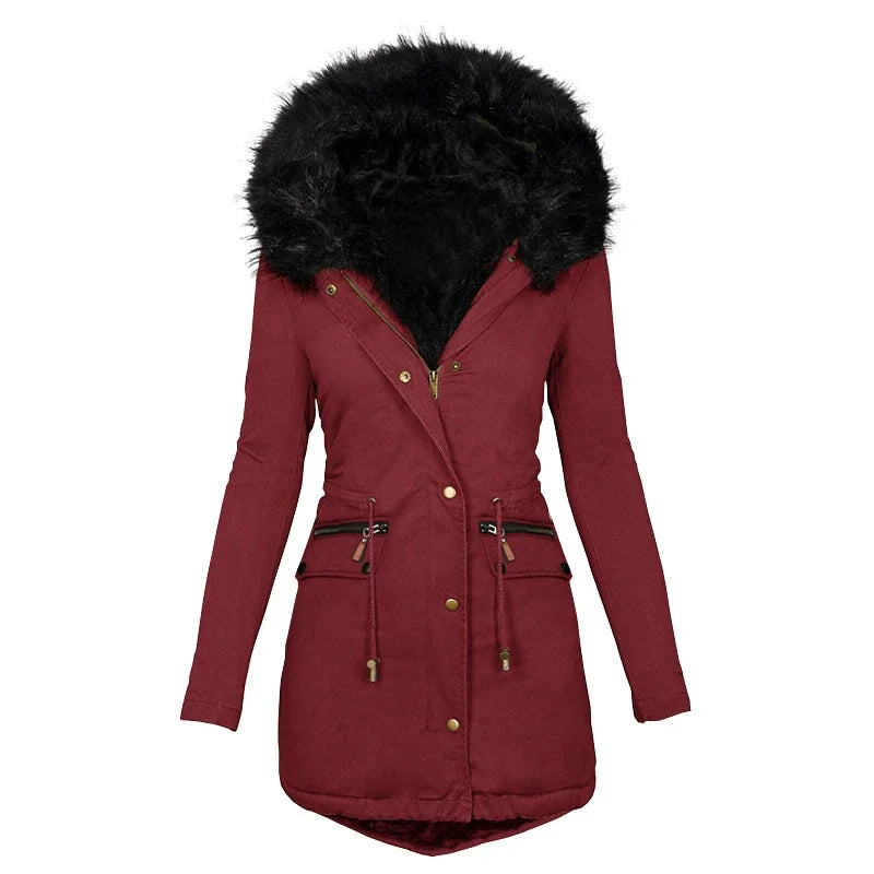 TAMBREET Winters Women's Fur Collar Mid-length Parka Coat Solid Color Fluffy Hat Zipper Waist Drawstring Warm Coats  Jacket