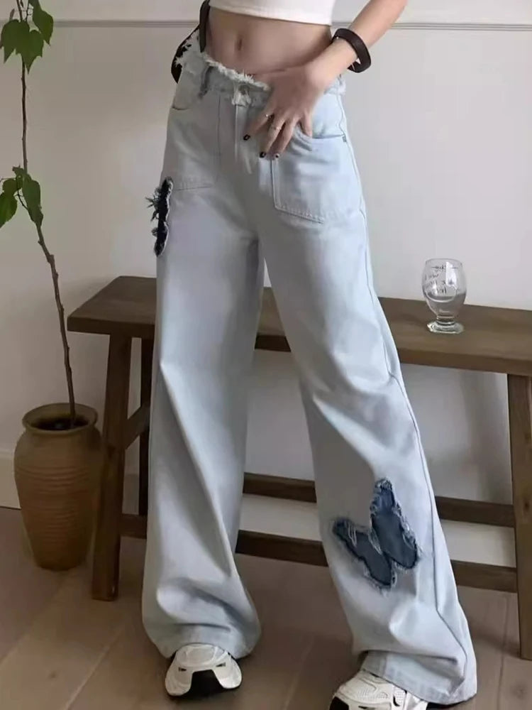 TAMBREET Woman High Waist Butterfly Y2k Straight Leg Jeans Female Oversized Loose Denim Wide Leg Pants Girls Korean Light Blue Trousers