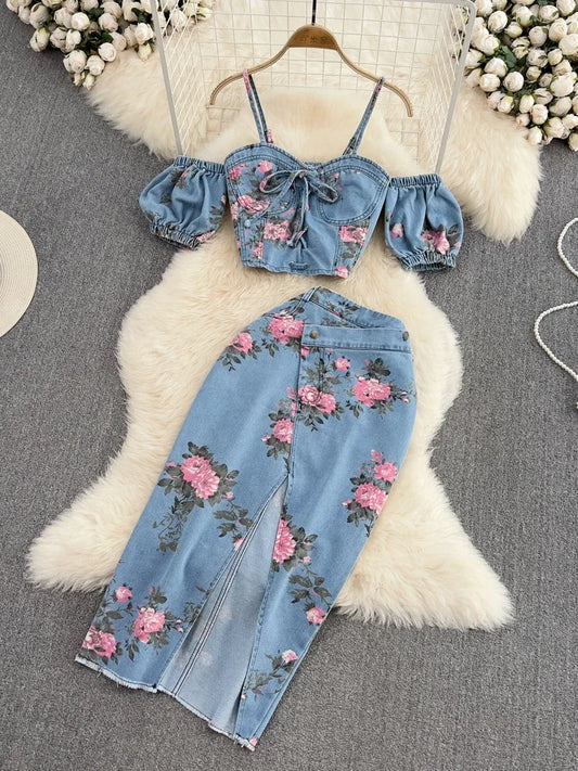 TAMBREET  Women 2 Piece Set Denim Fashion Female Hot Girl Chic Sexy Sling Top High Waist Irregular Split Skirt Summer Lady Suit