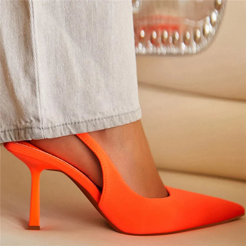 TAMBREET Women 9cm High Heels Pumps Neon Orange Green Sandals Lady Slingback Mules Pointed Toe Mid Heels Party Fetish Prom Wedding Shoes