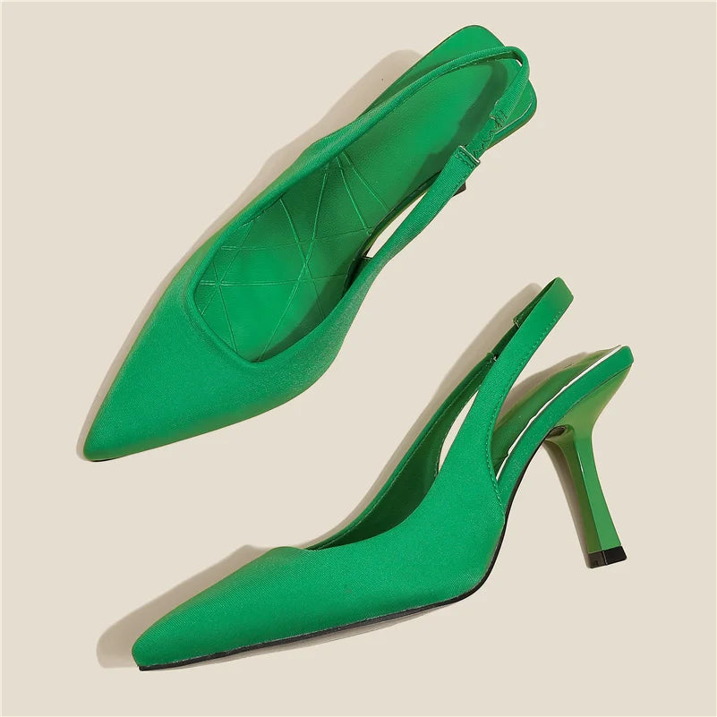 TAMBREET Women 9cm High Heels Pumps Neon Orange Green Sandals Lady Slingback Mules Pointed Toe Mid Heels Party Fetish Prom Wedding Shoes