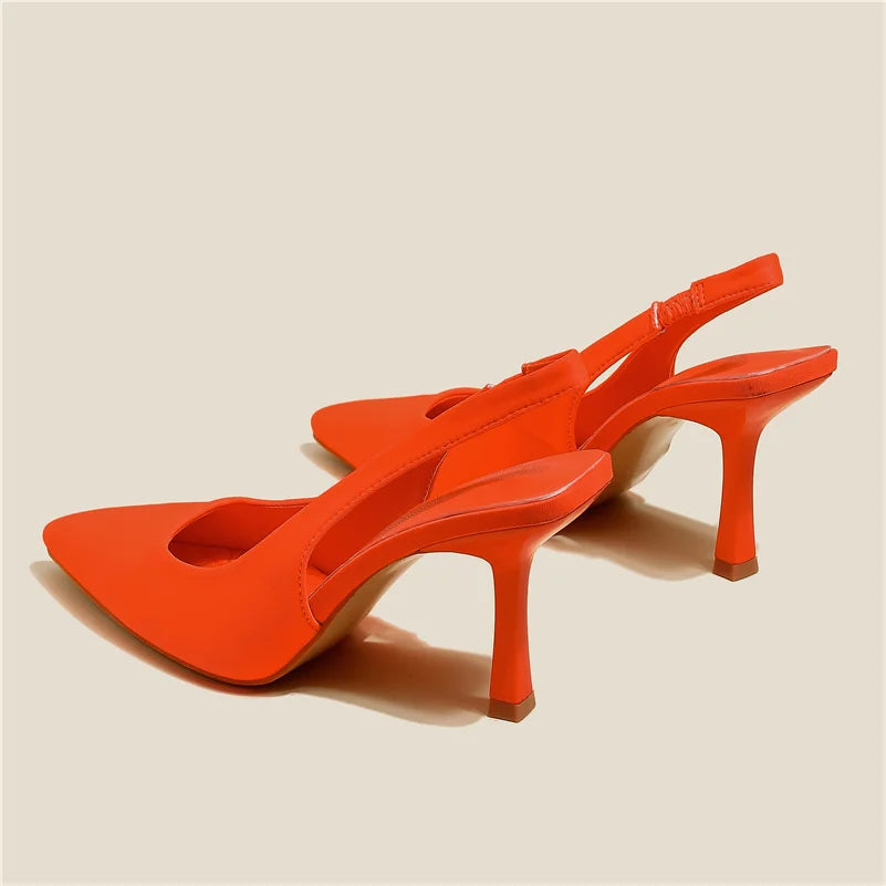 TAMBREET Women 9cm High Heels Pumps Neon Orange Green Sandals Lady Slingback Mules Pointed Toe Mid Heels Party Fetish Prom Wedding Shoes