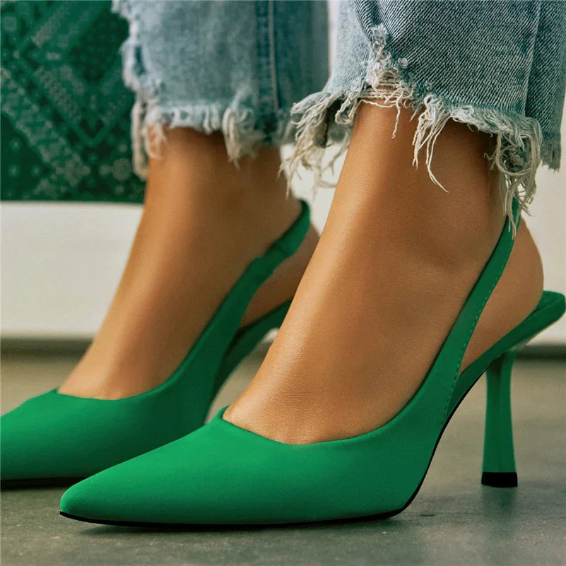 TAMBREET Women 9cm High Heels Pumps Neon Orange Green Sandals Lady Slingback Mules Pointed Toe Mid Heels Party Fetish Prom Wedding Shoes