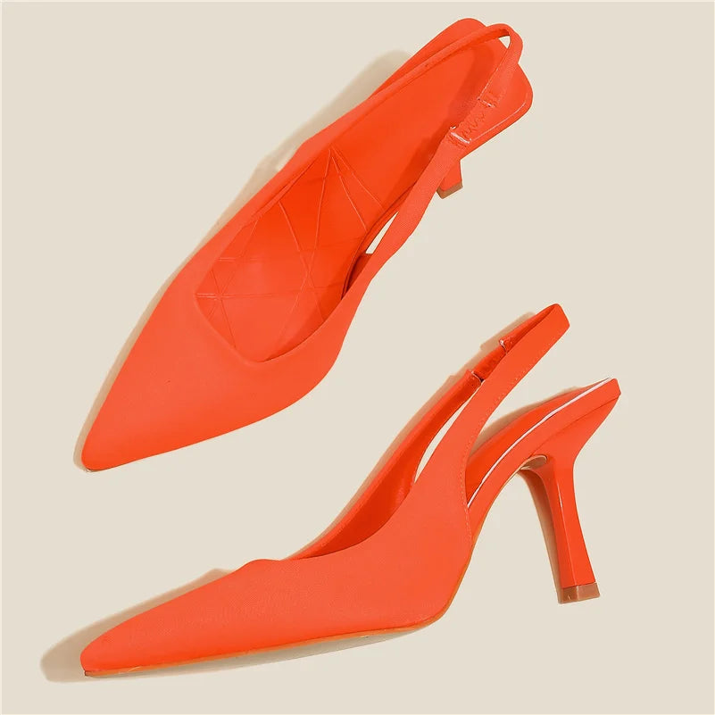 TAMBREET Women 9cm High Heels Pumps Neon Orange Green Sandals Lady Slingback Mules Pointed Toe Mid Heels Party Fetish Prom Wedding Shoes