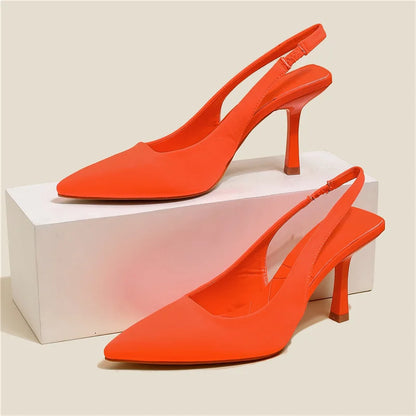 TAMBREET Women 9cm High Heels Pumps Neon Orange Green Sandals Lady Slingback Mules Pointed Toe Mid Heels Party Fetish Prom Wedding Shoes